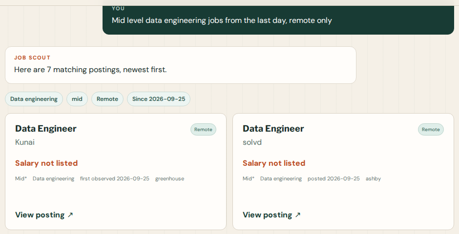 The agent answering a request for remote mid-level data engineering jobs, showing the filters it chose and the first two results