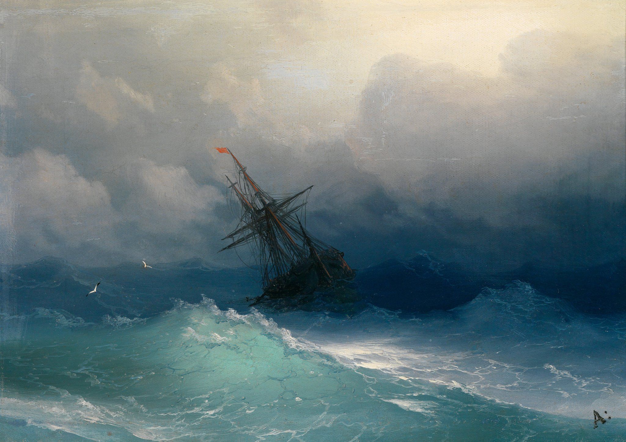 A sailing ship heeled over in a storm, under dark clouds, with light breaking through a wave in the foreground